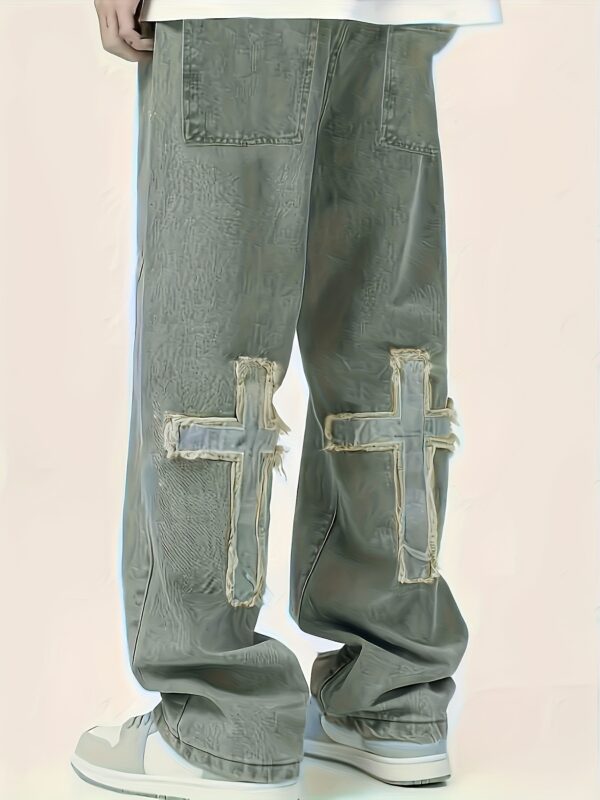 Men'S Distressed Denim Jeans with Cross Embroidery - Loose Fit Straight-Leg Casual Pants, Light Gray Washed Style, Non-Stretch Fabric, All-Season Comfort, Everyday Comfort Jeans | Embroidered Cross Design | Nonstretch Fabric