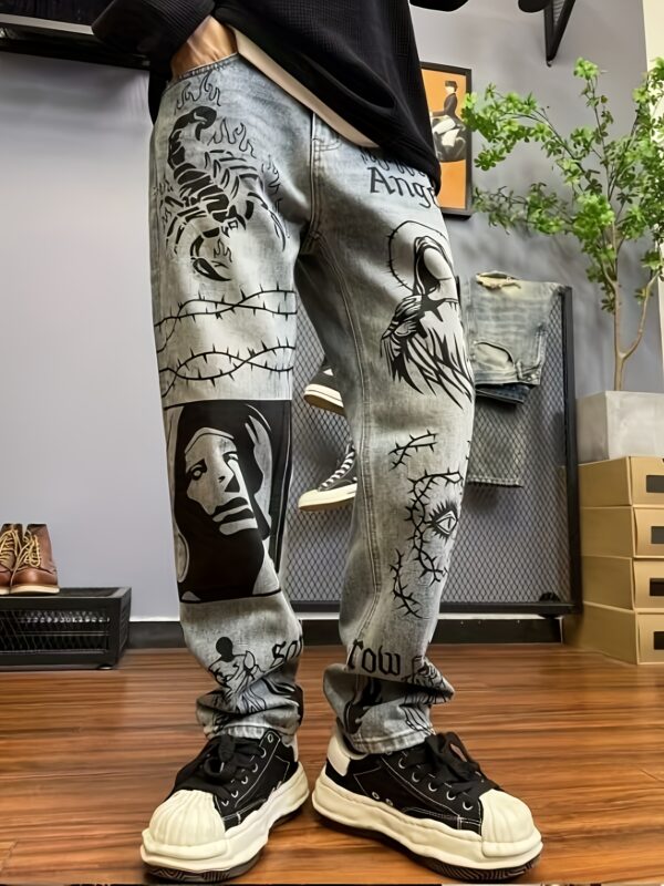 product-fancy-18d1c831-0561-4ee7-b152-d8442e29df75 Retro Blue American Streetwear Graffiti Print Loose Straight-Leg Jeans