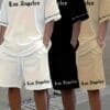 3pcs Los Angeles Letter Print Men's Short Sleeve + Casual Sport Set, Breathable and Soft Summer Outfit with Drawstring Shorts and Pockets