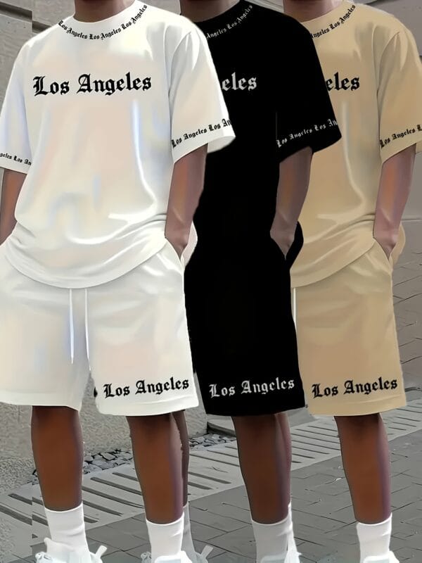 3pcs Los Angeles Letter Print Men's Short Sleeve + Casual Sport Set, Breathable and Soft Summer Outfit with Drawstring Shorts and Pockets