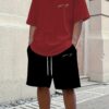 Men'S Casual Sporty Two-Piece Set - Red T-Shirt with White Logo & Black Drawstring Shorts, Lightweight Summer Outfit for Outdoor Activities, Casual Sportswear|Casual Style|Lightweight Fabric
