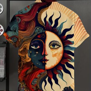 Men'S Summer Short Sleeve Shirt - Vibrant Sun and Moon Design, Casual Button-Up Style, Non-Stretch Fabric, Regular Fit, Perfect for Casual Attire, Summer Casual Wear | Vibrant Print Shirt | Nonstretch Fabric