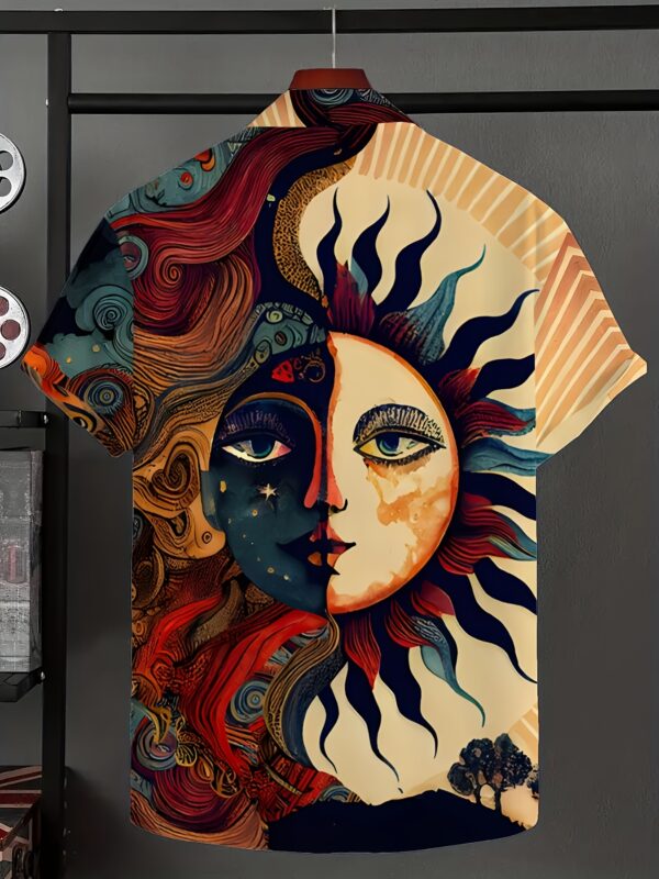 Men'S Summer Short Sleeve Shirt - Vibrant Sun and Moon Design, Casual Button-Up Style, Non-Stretch Fabric, Regular Fit, Perfect for Casual Attire, Summer Casual Wear | Vibrant Print Shirt | Nonstretch Fabric