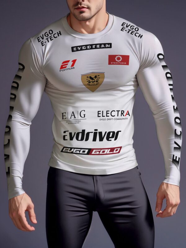 Men's High-Stretch Long Sleeve Round Neck T-Shirt with Racing Print, Fitness and Sports Fashion, Polyester and Spandex Blend