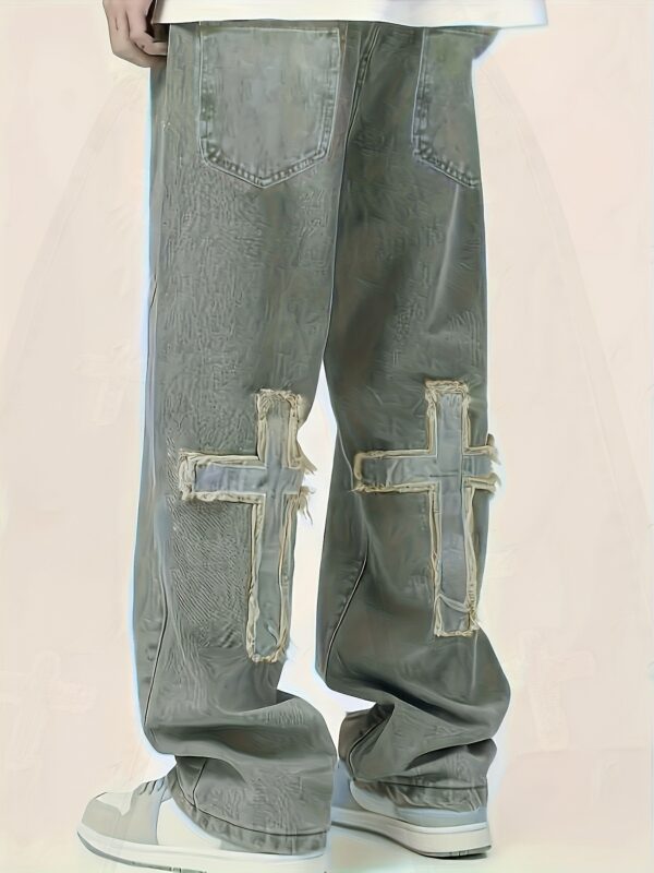 Men's Loose Straight-Leg Jeans with Cross Design - Distressed Denim Casual Pants, Machine Washable All-Season Comfort Fit