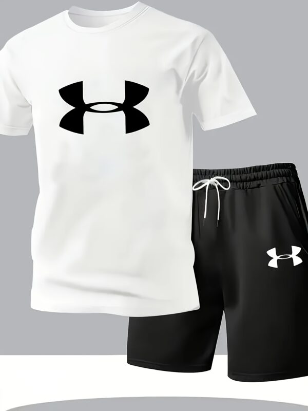 Elson OBM 2pcs Men's Casual Sportswear Set, Fashionable Pattern Print Round Neck T-Shirt and Drawstring Shorts for Summer Outdoor Activities