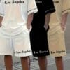 3pcs Los Angeles Letter Print Men's Short Sleeve + Casual Sport Set, Breathable and Soft Summer Outfit with Drawstring Shorts and Pockets