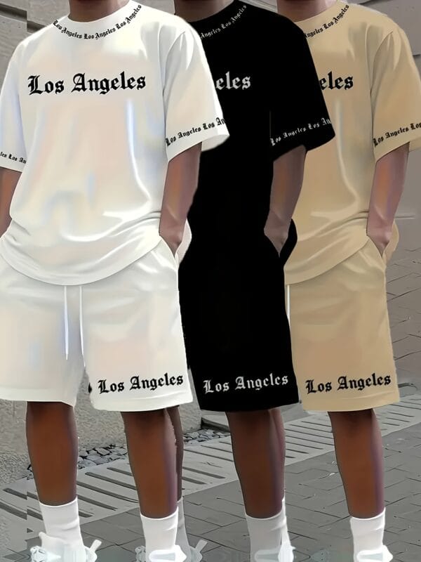 3pcs Los Angeles Letter Print Men's Short Sleeve + Casual Sport Set, Breathable and Soft Summer Outfit with Drawstring Shorts and Pockets