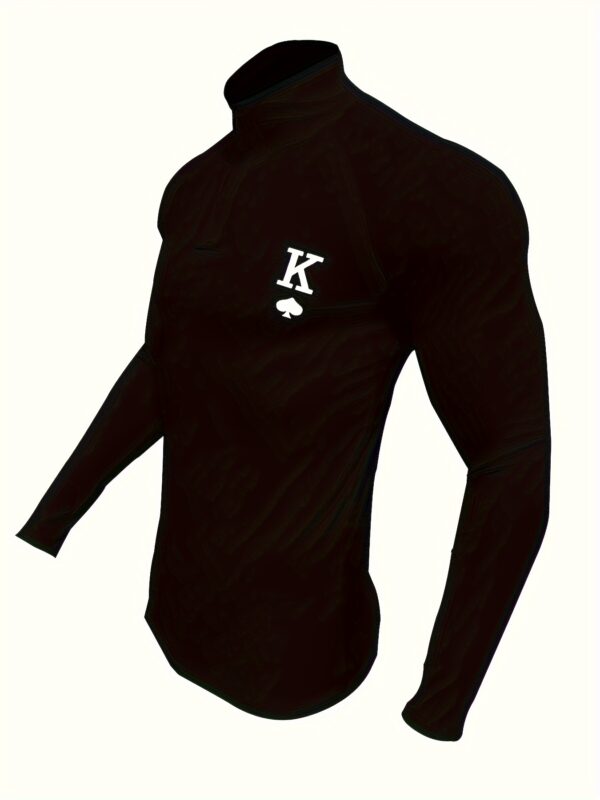 product-fancy-26fd63ec-3d57-4fca-b126-fc35f83723a4 Men's White Sporty Long Sleeve Zip-Up Shirt - Stand Collar Tight-Fit Stretch Fabric with Black Spade & Letter K Graphic for Gym, Casual & Athletic Wear, Gym Shirts