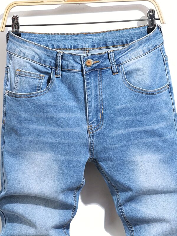 Men'S Slim-Fit Straight-Leg Jeans with Slant Pockets - Dark Blue Washed Denim, Light Blue Cargo Style, Mid-Stretch Comfort Fit for Casual & Business Casual Wear, Versatile Clothing, Classic Design, Stretch Fabric