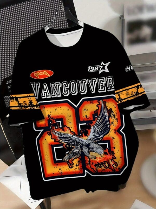 Men's Vancouver 1987 Graphic T-Shirt - Vintage Streetwear Short Sleeve Tee with 3D Eagle & Letter Print, Quick-Dry Summer Shirt for Gym Running Casual Wear, Ideal Birthday Gift for Him