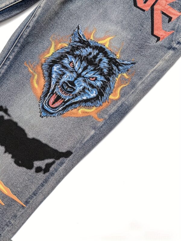 product-fancy-2d3adbbd-082b-4258-aecf-58cbf1b10ebd Men's Y2K Extreme Graphic Jeans - TikTok Viral Wolf & Flame Pants with REVENGE Text, Distressed Denim Hip Hop Goth Punk Style, Straight Leg Streetwear for Concerts & Nightlife (All-Season Fit), Urban Fashion, Edgy Design, Durable Fabric, Statement Piece, Alternative Fashion