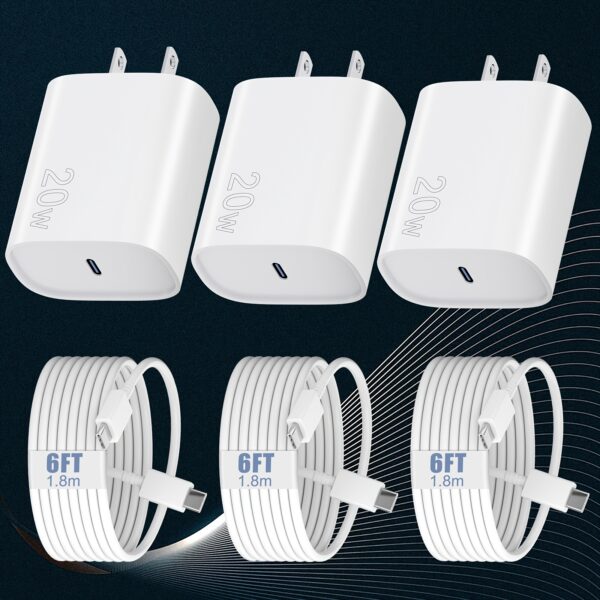 3 Sets of 20W USB-C Wall Chargers with 182.88cm Cables, PD 3.0 Fast Charging Adapters, Universal Compatibility, Lightweight Design, 110V/220V Operation, 10-20W Output Power, US Plug, No Battery Included