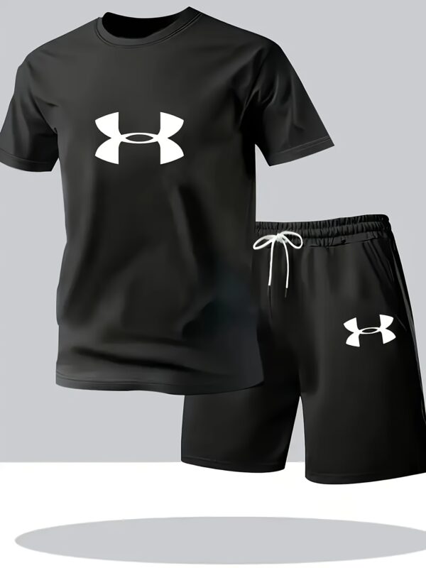 Elson OBM 2pcs Men's Casual Sportswear Set, Fashionable Pattern Print Round Neck T-Shirt and Drawstring Shorts for Summer Outdoor Activities