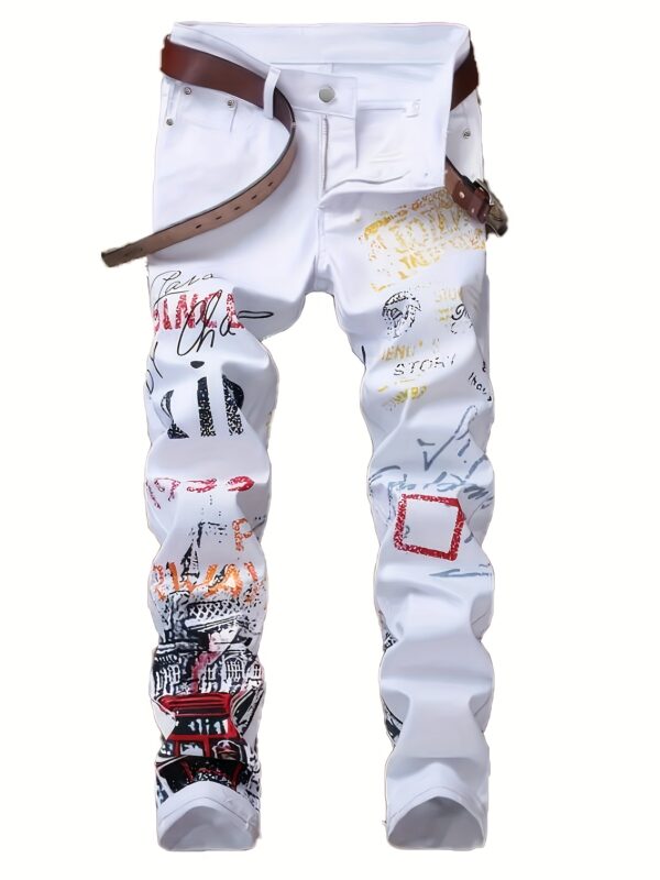 Men'S Black Graffiti Print Punk Hip-Hop Jeans - Skinny Fit, Medium Stretch, All-Season Casual Streetwear with Red & White Graphic Design, No Belt, Perfect for Casual Attire, Punk Rocker Jeans