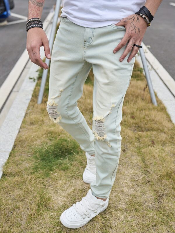 product-fancy-30e49577-ab0b-4eea-9d1b-69a6c8e33ef8 Men's Vintage Distressed Skinny Jeans - Light Blue Washed Stretch Denim with Frayed Hem & Ripped Knee, Slim-Fit Stretchable Classic Five-Pocket Pants for Casual & Semi-Formal Outfits (Machine Washable)