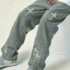 Men'S Distressed Denim Jeans with Cross Embroidery - Loose Fit Straight-Leg Casual Pants, Light Gray Washed Style, Non-Stretch Fabric, All-Season Comfort, Everyday Comfort Jeans | Embroidered Cross Design | Nonstretch Fabric