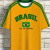 Men'S Brazil Soccer Jersey T-Shirt - Yellow with Green & Blue Print, "Brasil Rio de Janeiro" Design, Short Sleeve, Round Neck, Polyester Knit Fabric, Perfect for Summer Outdoor Activities & Casual Wear, Soccer Shirts