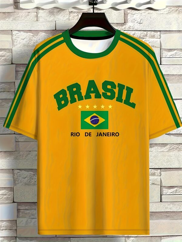 Men'S Brazil Soccer Jersey T-Shirt - Yellow with Green & Blue Print, "Brasil Rio de Janeiro" Design, Short Sleeve, Round Neck, Polyester Knit Fabric, Perfect for Summer Outdoor Activities & Casual Wear, Soccer Shirts