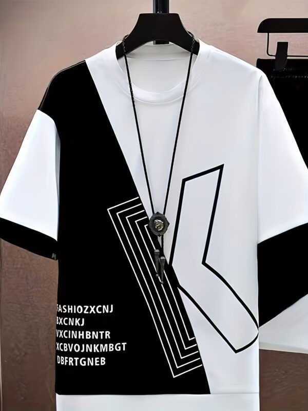 2pcs Summer Casual Sportswear Set for Men, Trendy Fashion Spliced Round Neck Short Sleeve T-Shirt and Drawstring Shorts in Black and White Color Block Design