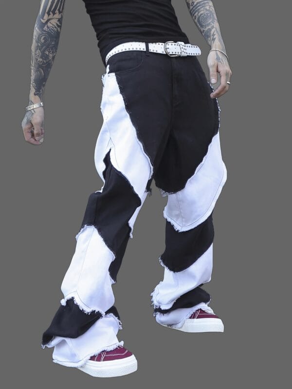 product-fancy-3a909f67-1e46-45bb-9499-a2839e0e2e77 Men'S Black and White Color Block Cargo Pants, Loose Fit Wide Leg Jeans with Raw Wash Detail, Street Style Non-Stretch Denim for All Seasons, Casual Wear Pants | Streetwear Pants | Denim Fabric