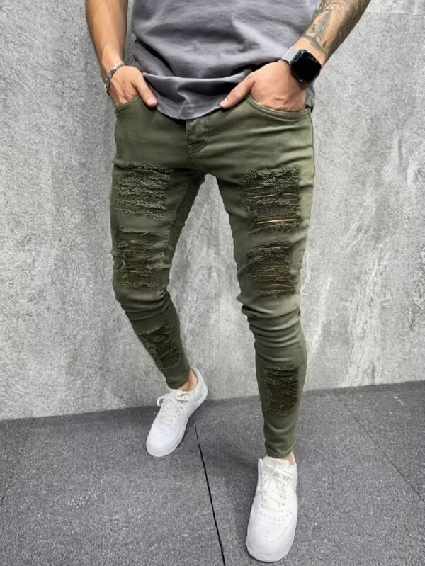 Cross-border New Style Ripped Jeans for Men Slim Fit High Street Trendy Stretch Pants