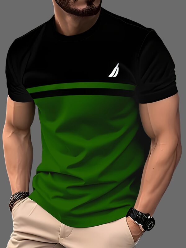 product-fancy-41c1b8e3-2551-4ed8-b1d3-fa6a7cc0690d 5pcs Men'S Color Block T-Shirts - 3D Digital Print, Short Sleeve, Regular Fit, Breathable Polyester Blend, Summer Casual Wear, Black with Red/Blue/Green/Beige/Gray Contrast Stripes, Sports T Shirts