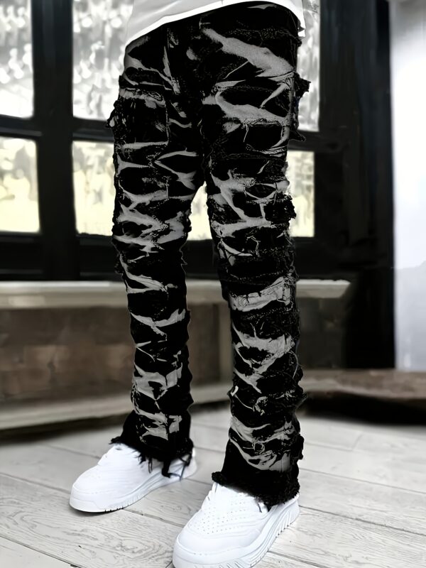 Men's Slim-Fit Straight-Leg Jeans - Layered Fringe Hem Trousers, Machine Washable All-Season Streetwear Pants for Urban Fashion Outfits, Casual Wear, Slim Fit, Stylish Detailing, Printed Design, Young Adults
