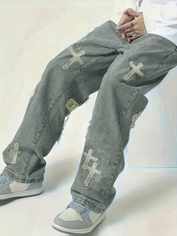 Men's Loose Straight-Leg Jeans with Cross Design - Distressed Denim Casual Pants, Machine Washable All-Season Comfort Fit