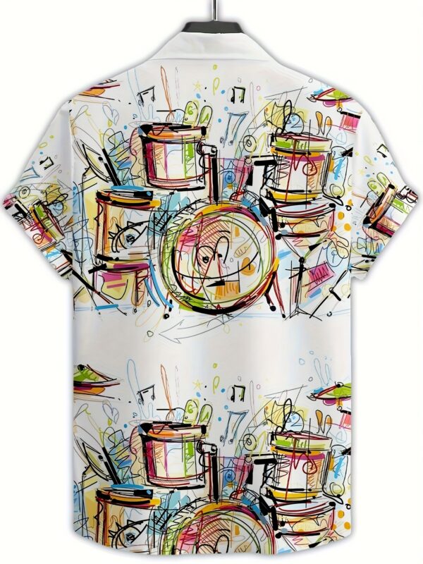 product-fancy-4447cb48-f5e7-4666-880c-827c7a20b7c0 Men's short-sleeve shirt with a 3D printed colorful drum set music element graffiti pattern, featuring simple lines that add softness and artistic flair, combining elegance and fashionability, suitable for casual or light business occasions