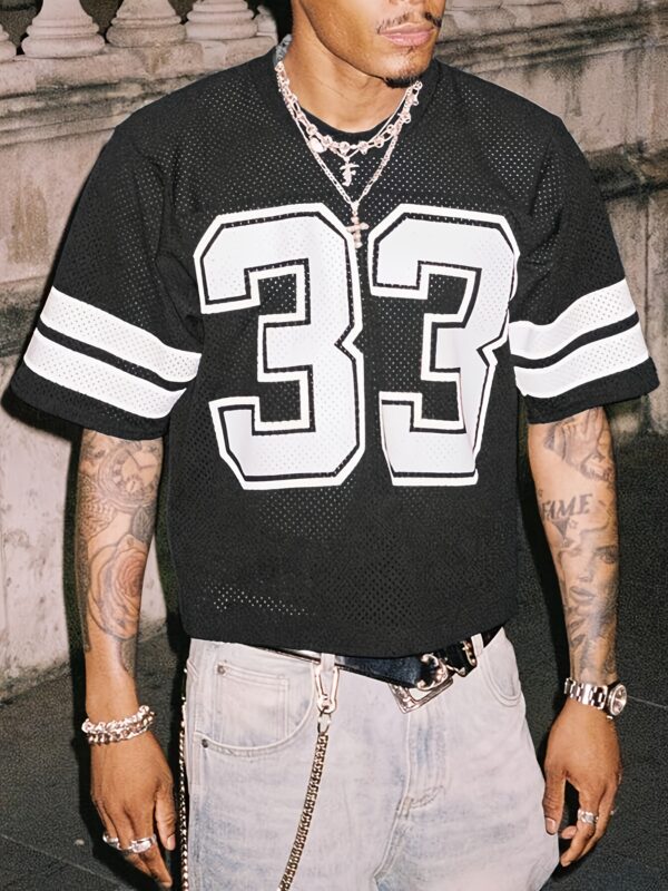 Men's Summer Baseball Jersey T-Shirt - Loose Fit, Casual Sporty Mesh Print Top with "83.82cm Design, Black & White Striped Sleeves, Lightweight Polyester for Outdoor Activities