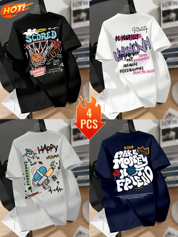 4pcs Men's Trendy Graphic Tees - Casual Crew Neck Short Sleeve T-Shirts with Basketball, Astronaut & More Designs - Soft Polyester Blend, Machine Washable - Versatile for All Seasons, Seasonal Fashion|Trendy Casualwear|Stretch Fabric