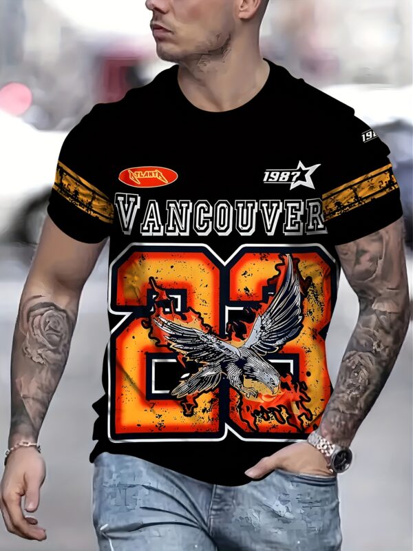 Men's Vancouver 1987 Graphic T-Shirt - Vintage Streetwear Short Sleeve Tee with 3D Eagle & Letter Print, Quick-Dry Summer Shirt for Gym Running Casual Wear, Ideal Birthday Gift for Him