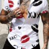 Men's Letters & Lips Print Short Sleeve Lapel Shirt For Summer, Casual Comfy Shirts As Gift