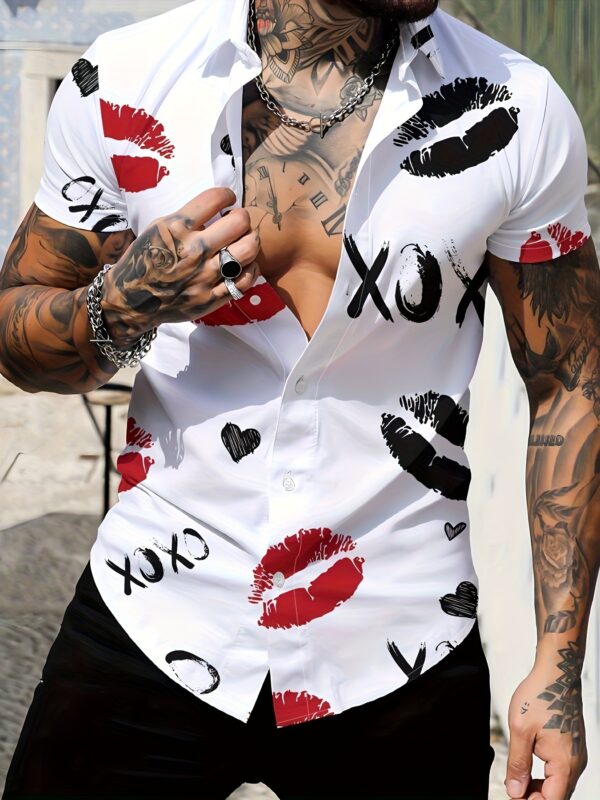 Men's Letters & Lips Print Short Sleeve Lapel Shirt For Summer, Casual Comfy Shirts As Gift