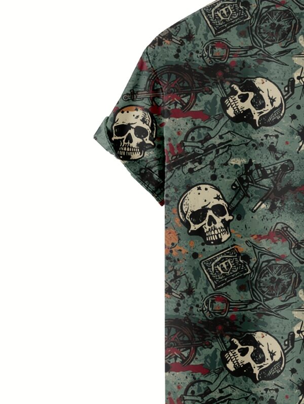Men's Casual Short Sleeve Shirt with 3D Skull & Crossed Swords Print - 95% Polyester 5% Spandex Blend, Lightweight 100gsm Summer Streetwear, Hip-Hop Rock Graphic Tee, Regular Fit Button-Up