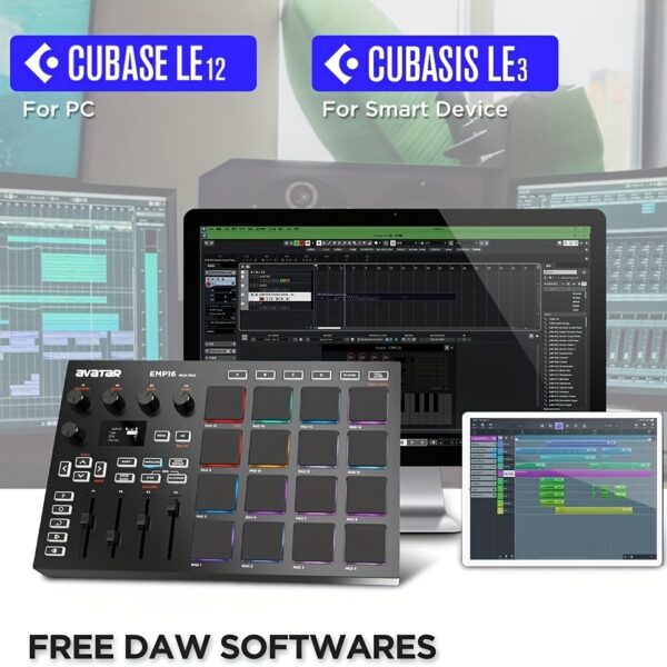 UTIMO MIDI Pad Controller Beat Maker Machine 16 RGB Velocity Sensitive Beat Pads, 16 Level, Full/Half Level, OLED Display, MIDI In/Out, USB Powered, Plastic, for Studio Recordin