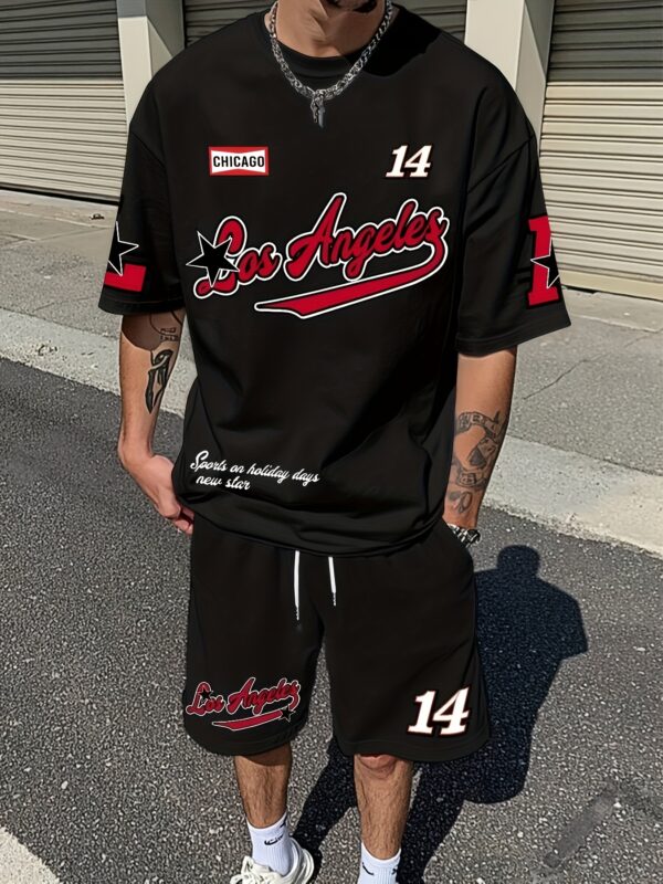 product-fancy-49b4591f-9fef-4749-868d-29aadb8b0909 Men'S Summer Casual Short Sleeve T-Shirt and Shorts Set 2pcs, Fresh T-Shirt and Shorts Set, Slightly Elastic Polyester Knit Fabric, Regular Style, Shorts, Suitable for Summer Outdoor Activities and Family Gatherings