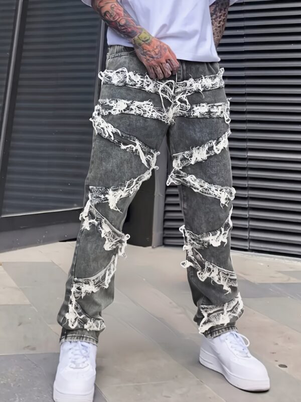 Men'S Non-Stretch Faux Denim - Straight-Leg Pants with Elegant Fringe Details, All-Season Formal & Casual Trousers for Everyday Special Occasions - Classic Blue Faux Denim for Men, Straight Leg Faux Denim, Versatile Clothing, Embroidered Details, Detailed Embroidery, Stylish Bottoms, Highquality Stitching, Fashionforward Men