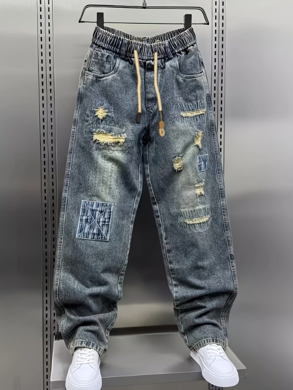 Men'S Casual Loose Fit Jeans - Distressed Denim with Drawstring Waist, Multiple Pockets, All-Season Comfort, Casual Attire|Distressed Jeans|Comfortable Jeans