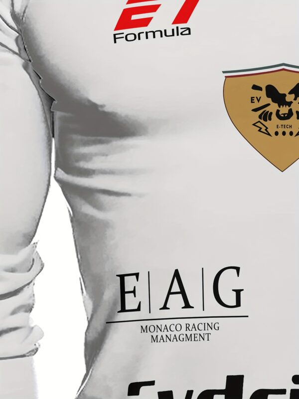 Men's High-Stretch Long Sleeve Round Neck T-Shirt with Racing Print, Fitness and Sports Fashion, Polyester and Spandex Blend