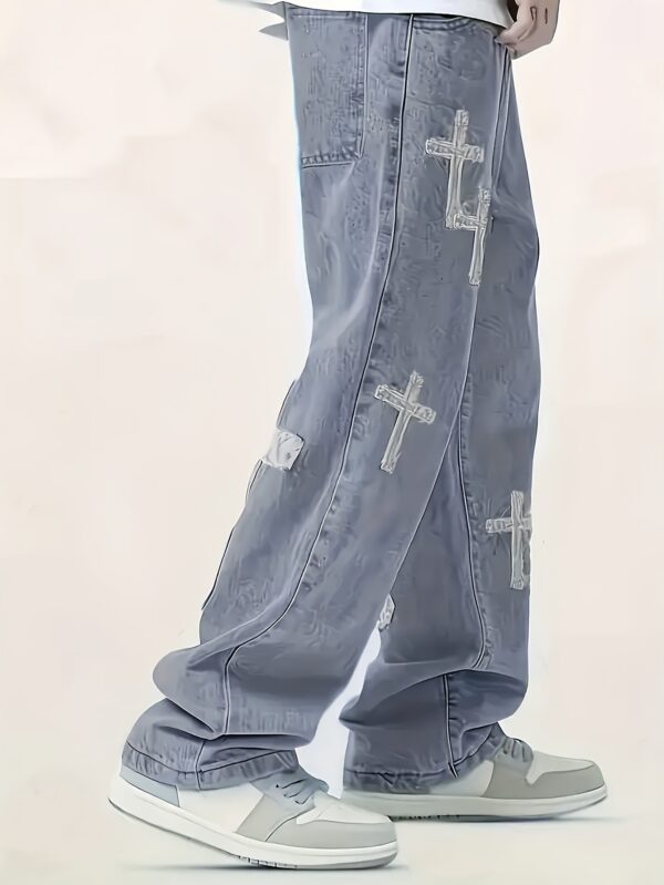Men'S Distressed Denim Jeans with Cross Embroidery - Loose Fit Straight-Leg Casual Pants, Light Gray Washed Style, Non-Stretch Fabric, All-Season Comfort, Everyday Comfort Jeans | Embroidered Cross Design | Nonstretch Fabric