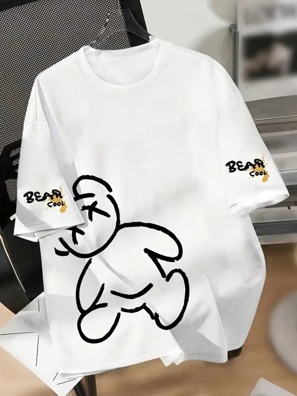 1pc Men'S Casual Summer T-Shirt with Cartoon Bear & "BEAR COOL" Print - Light Blue, Slight Stretch, Regular Fit, Round Neck, Short Sleeve, Perfect for Casual Attire & Weekend Outings, Ideal Gift for Friends, Casual Wear Tee | Playful Graphic Tee | Stretchy Fabric