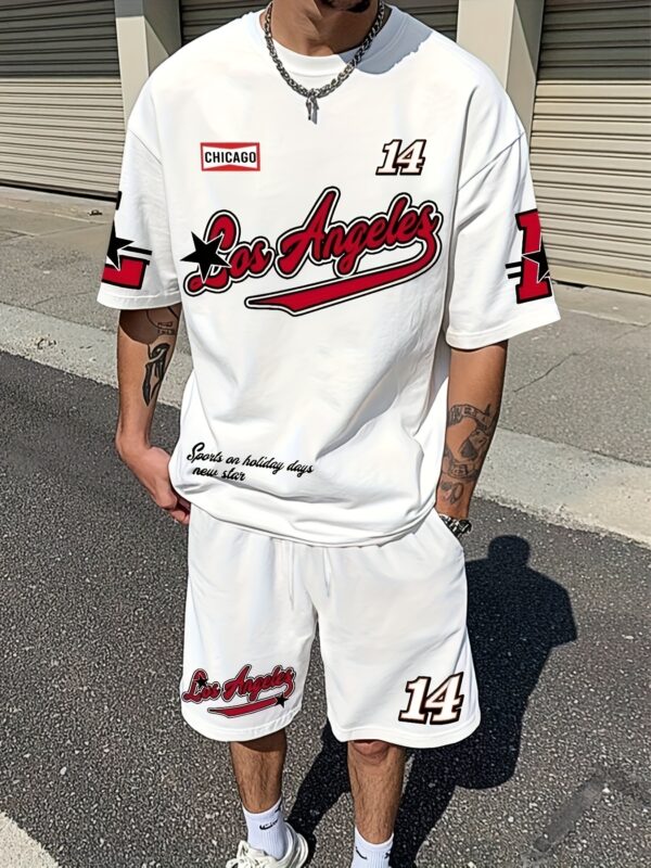 product-fancy-4d606be2-92ba-470a-8b73-50a04680fd6a Men'S Summer Casual Short Sleeve T-Shirt and Shorts Set 2pcs, Fresh T-Shirt and Shorts Set, Slightly Elastic Polyester Knit Fabric, Regular Style, Shorts, Suitable for Summer Outdoor Activities and Family Gatherings