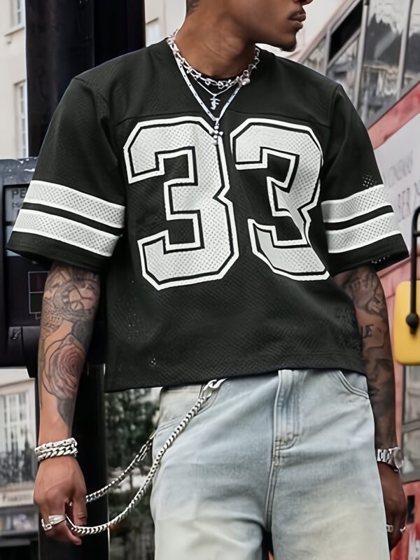 Men's Summer Baseball Jersey T-Shirt - Loose Fit, Casual Sporty Mesh Print Top with "83.82cm Design, Black & White Striped Sleeves, Lightweight Polyester for Outdoor Activities