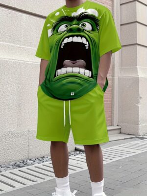 Marvel Series Green Giant Material Men'S New Sports Suit T-shirt and Shorts Two-piece Set, Suitable for Sports, Casual Wear, Running, Fitness, Beach Vacation, Breathable and Sweat-Absorbent Comfort, Sweat-Resistant