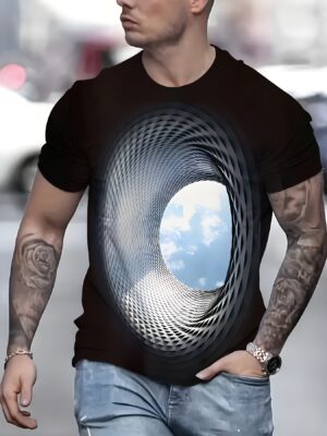 Men'S 3D Vortex Graphic T-Shirt - Breathable Black Short Sleeve Tee with Airy Hollow Design, Casual Summer Wear for Casual Attir