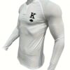 product-fancy-539bf0f6-bd25-4ae3-b7df-06019782a16a Men's White Sporty Long Sleeve Zip-Up Shirt - Stand Collar Tight-Fit Stretch Fabric with Black Spade & Letter K Graphic for Gym, Casual & Athletic Wear, Gym Shirts