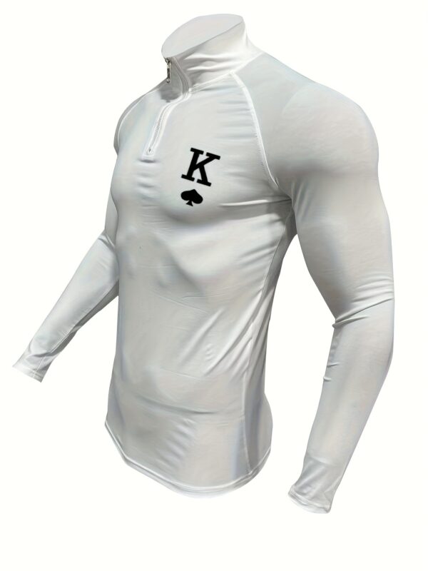 product-fancy-539bf0f6-bd25-4ae3-b7df-06019782a16a Men's White Sporty Long Sleeve Zip-Up Shirt - Stand Collar Tight-Fit Stretch Fabric with Black Spade & Letter K Graphic for Gym, Casual & Athletic Wear, Gym Shirts