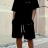 Men'S Casual Sporty Two-Piece Set - Red T-Shirt with White Logo & Black Drawstring Shorts, Lightweight Summer Outfit for Outdoor Activities, Casual Sportswear|Casual Style|Lightweight Fabric